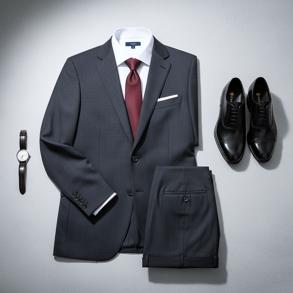 The Meridian Tailored Fit Suit in Charcoal Birdseye