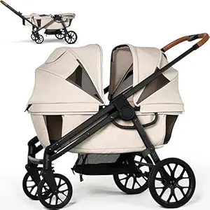 Wagon Stroller for 2 Kids, All-Terrain with Removable UV-Protection Canopy, Adjustable Push/Pull Handle, Snack Tray & Cup Holders, Perfect for Baby and Toddler（Khaki）