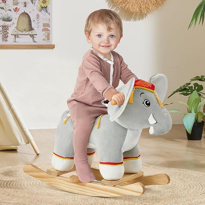 FUNLIO Thai Elephant Baby Rocking Horse for Toddlers 1-3 Years, Cute & Graceful Gray Elephant Rocker for Baby, Stuffed Plush Ride-on Rocking Animal, Easy to Assemble, CPC & CE Certified