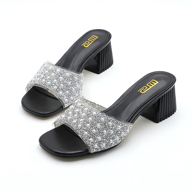 All-Match Stone Work Glitter Block Heel – Black