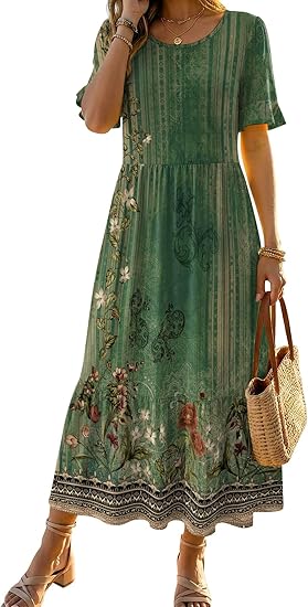 Zeagoo Womens Summer Dresses 2026 Casual Midi Dress Flowy Sundress Ruffle Short Sleeve Tiered Dresses A Line Boho Dress