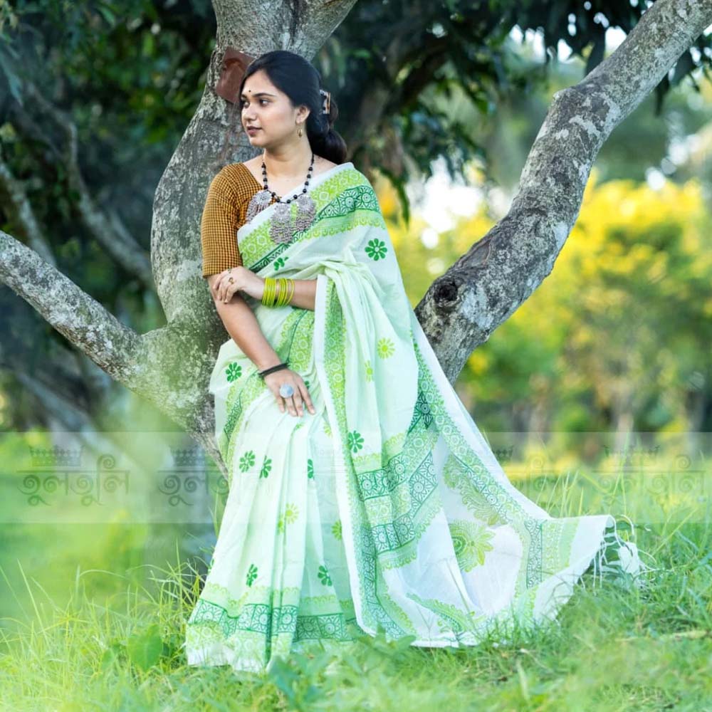 Handloom Cotton Saree - Verdant Geometric
