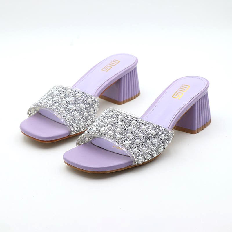 All-Match Stone Work Glitter Block Heel – Purple