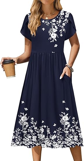 Zeagoo Women Summer Short Sleeve Midi Dress with Pockets Casual Aline Flowy Tshirt Dress Floral Vocation Beach Sundress