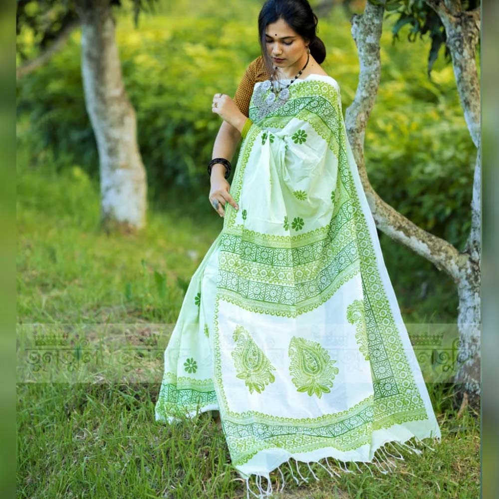 Signature Cotton Handloom – Lime & Emerald Motif