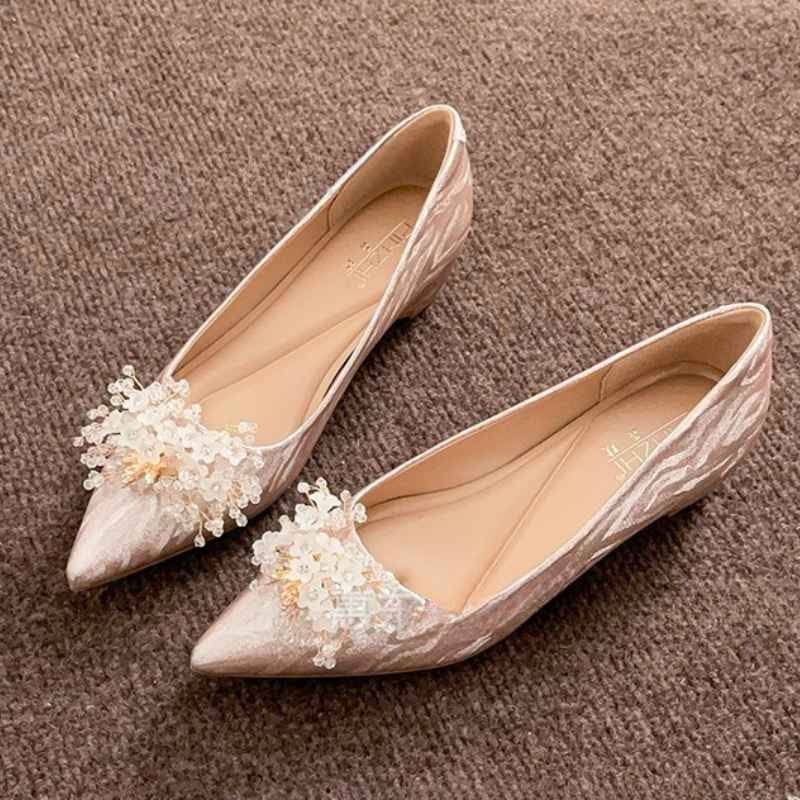French Style Flower Beaded Heel Pump Shoe – Beige